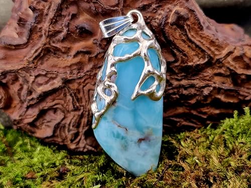 LeoLars-PABE Larimar Design Anhänger aus 925er Silber, organische Gitter Struktur, herrliches Karibik blau, Unikat, Design, Unisex, Handarbeit
