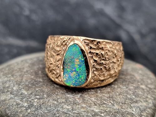 Wunderschöner Lightning Ridge Opal Design Ring aus 585er Gelbgold mit herrlicher Oberflächen Struktur, Gr. 58-59 (18,5), Opal - intensiv Multicolor Opalfeuer, 12x6,8mm, Unikat, Handarbeit