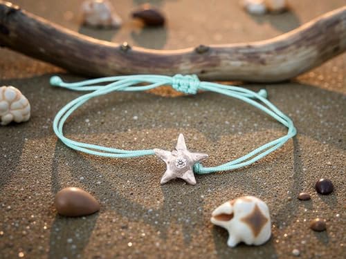 LeoLars-PABE Hellblaues Makramee Design Armband mit Seestern aus 925er Silber mit Labgrown Diamant, Umfang von 16-24cm, Unikat, Handarbeit