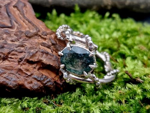 LeoLars-PABE Moosachat Design Ring verspielt, Gr. 56 (18), Nr. 0107, aus 925er Silber, verschnörkelt, oval facettiert mit wundervollem Innenleben, Unikat, Handarbeit