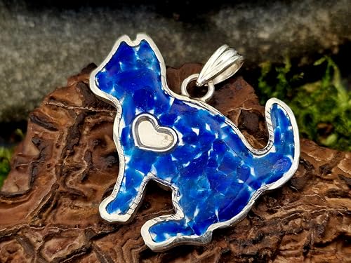 LeoLars-PABE Hauyn Design Katzen Anhänger aus 925er Silber, Steine in Kunststoff eingegossen, tolles blau, unter UV-Licht orange leuchtend, Katze, Katzenliebhaber, Unikat, Handarbeit, Unisex