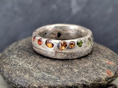 LeoLars-PABE Chaos Sandguss design Ring mit echten eingegossenen Edelsteinen, Gr.60 (19,2), aus 925er Silber, mit Sandguss Oberfläche, Unikat, Handarbeit, Unisex, Nr. 158