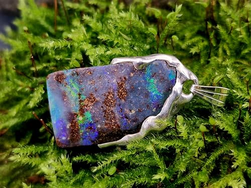 LeoLars-PABE Beidseitiger Boulder Opal Anhänger aus 925er Silber im Tropfen Design, Opal 1. Seite grün-blaues Opalfeuer, 2. Seite partielles Multicolor Opalfeuer, Unikat, Handarbeit, Unisex