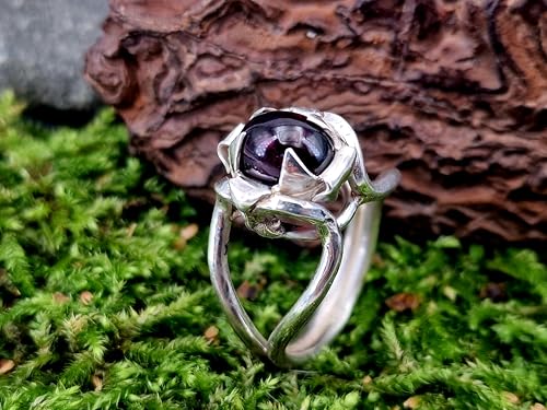 LeoLars-PABE Magisch mystischer Granat Design Ring, Gr. 59 (18,7) aus 925er Silber, Granat-blutrot als ovaler Cabochon, Magier Ring, Unikat, Handarbeit