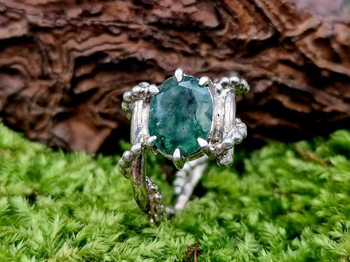 LeoLars-PABE Verspielter Design Moosachat Ring aus 925er Silber, Gr.56 (18), Nr. 0106, herrlich grün mit Innenleben, oval facettiert, Unikat, Handarbeit