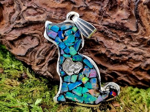 LeoLars-PABE Multicolor Lightning Ridge Opalsplitter Hunde Design Anhänger aus 925er Silber, Opale in Kunststoff eingegossen, Hunde Welpe, Herz, Hundeliebhaber, Unikat, Handarbeit, Unisex