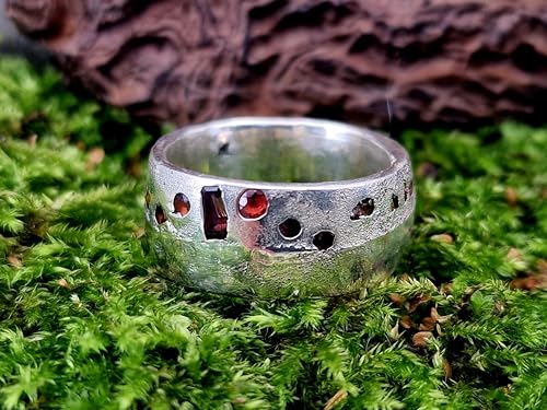 LeoLars-PABE Design Sandguss Chaos Ring, Gr.60 (19,2), aus 925er Silber mit echten eingegossenen Edelsteinen, Unikat, Handarbeit, Nr. 156