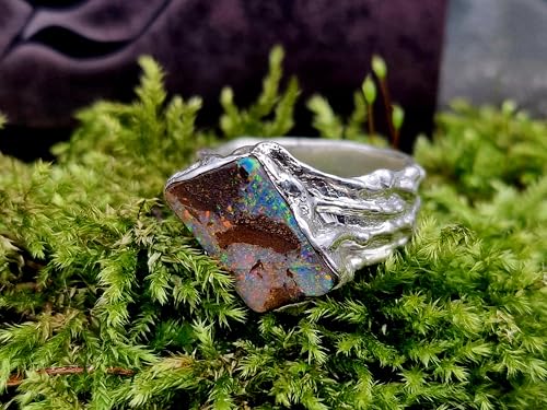 LeoLars-PABE Boulder Opal Design Ring aus 925er Silber in unserem speziellen organischen Design, Opal mit mehrfarbigem Feuer Größe 55-56 (17,7) in Zargenfassung, Unikat, Handarbeit