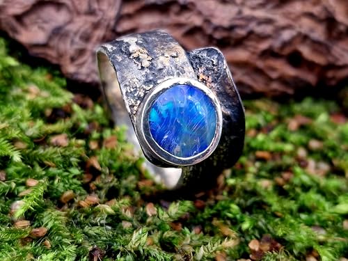 herrlicher Lightning Ridge Opal Design Ring, Gr. 64 (20,5), aus 925er Silber, teilgeschwärzt mit dezenten Goldakzenten, blaugrünes Farbspiel mit Gipsnadeln im Stein, Unikat, Handarbeit, Unisex