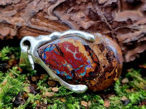 LeoLars-PABE Tropfen Design Boulder Opal Anhänger aus 925er Silber, Opalnuss mit grünen und blauen Opaladern mit Opalfeuer, Unikat, Handarbeit, Unisex