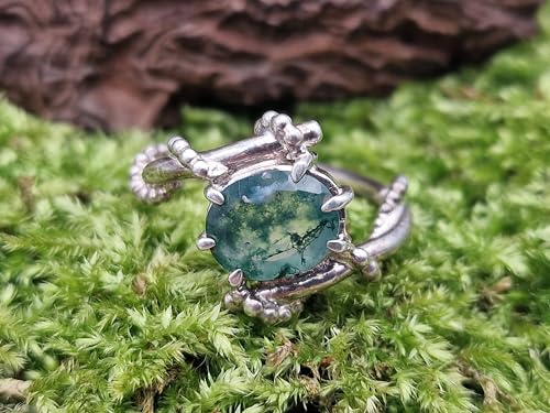 LeoLars-PABE Verspielter Design Moosachat Ring aus 925er Silber, Gr.56 (18), Nr. 0106, herrlich grün mit Innenleben, oval facettiert, Unikat, Handarbeit