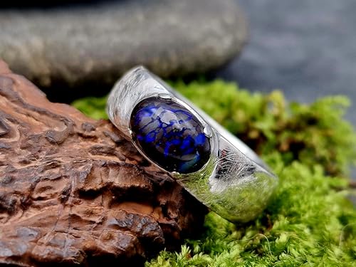 LeoLars-PABE Boulder Matrix Opal Design Ring, Unisex, Gr.66 (21), aus 925er Silber, eismattiert, Opal mit Opaladern mit dunkelblauem Opalfeuer, Unikat, Handarbeit