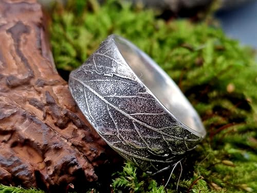 LeoLars-PABE Kräuterblatt Design Ring 420, aus 925er Silber, echte Kräuter Oberfläche, teilgeschwärzt, Gr. 65 (20,7), Nr. 003, Unisex, Unikat, Handarbeit