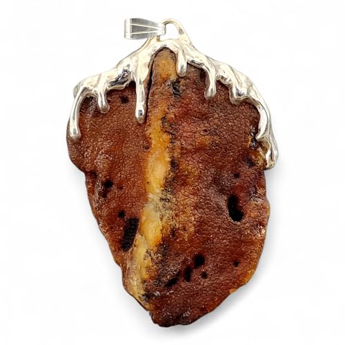 LeoLars-PABE großer Nordsee Bernstein Design Anhänger aus 925er Silber, gelb-braun mit natürlicher Oberfläche, Tropfendesign, beidseitig tragbar, Unikat, Handarbeit, Unisex