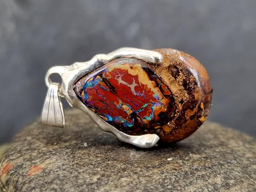 LeoLars-PABE Tropfen Design Boulder Opal Anhänger aus 925er Silber, Opalnuss mit grünen und blauen Opaladern mit Opalfeuer, Unikat, Handarbeit, Unisex