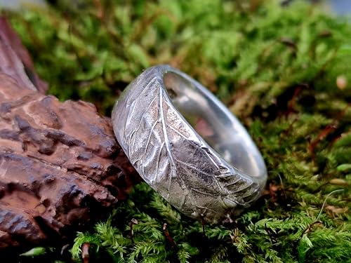 LeoLars-PABE Design Kräuterblatt Ring 420 aus 925er Silber, Nr.004, Oberfläche aus echten Kräutern hergestellt, teils glänzend, teils mattiert, Unisex, Gr. 55-56 (18,7), Unikat, Handarbeit