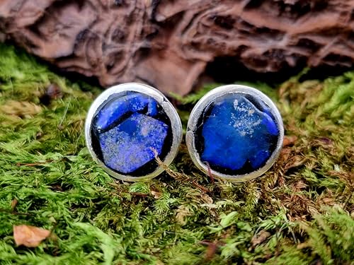 Lightning Ridge Opalsplitter Ohrstecker aus 925er Silber mit Flügelmuttern, Opalfeuer in blau-lila, in Kunststoff eingegossen, Unikat, Handarbeit