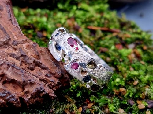 LeoLars-PABE Sandguss Chaos Design Ring, Gr.55 (17,5), aus 925er Silber mit echten eingegossenen Edelsteinen, Sandguss typische Oberflächen Struktur, Nr. 157, Unikat, Handarbeit