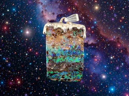 LeoLars-PABE Boulder Opal Tropfen Design Anhänger aus 925er Silber, Multicolor Opalfeuer mit viel grün und blau, Unikat, Handarbeit, Unisex