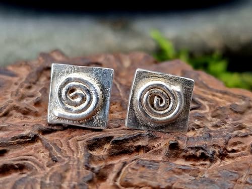 Rechteckige Design Ohrstecker aus 925er Silber mit Spirale des Lebens, mit Flügelmuttern, Unikat, Handarbeit, Unisex