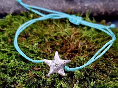 LeoLars-PABE Hellblaues Makramee Design Armband mit Seestern aus 925er Silber mit Labgrown Diamant, Umfang von 16-24cm, Unikat, Handarbeit