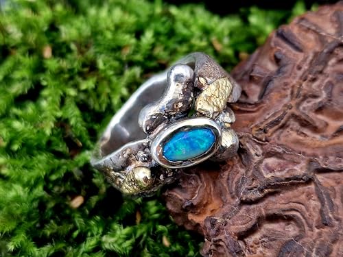 LeoLars-PABE Lightning Ridge Opal Design Ring, Gr.58 (18,5), aus 925er Silber mit 585er Gold Elementen, Roh, Stylisch, Anders, Individuell, Unikat, Handarbeit