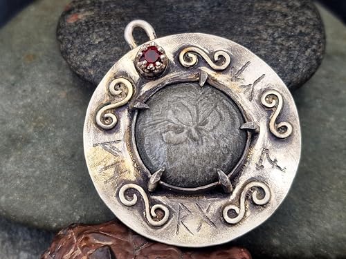 LeoLars-PABE Magisch mystischer Design Anhänger aus 925er Silber, mit einer handgecarvten Eule auf Silberobsidian, Granat, viele Symbole und Runen, Unikat, Handarbeit, Unisex