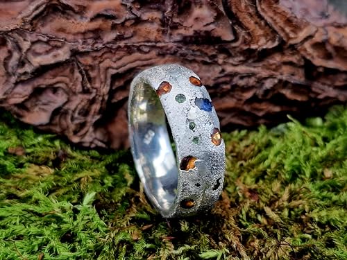 LeoLars-PABE Sandguss Chaos Design Ring, Gr. 61 (19,5), aus 925er Silber, Sandguss typische Oberfläche, eingegossene orange, blaue und grüne Saphire, Nr. 159, Unikat, Handarbeit