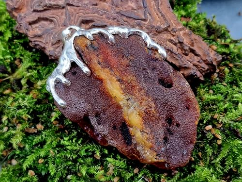 LeoLars-PABE großer Nordsee Bernstein Design Anhänger aus 925er Silber, gelb-braun mit natürlicher Oberfläche, Tropfendesign, beidseitig tragbar, Unikat, Handarbeit, Unisex