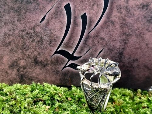 LeoLars-PABE Spinnen Design Ring aus 925er Silber, Gr.59 (18,7), mit blutrotem Rubin, geschwärzt, mystisch, Spinne mit Beute, Unisex, Spinnennetz Struktur, Unikat, Handarbeit