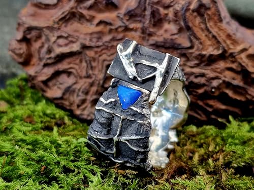 LeoLars-PABE Rustikaler, teilgeschwärzter Design Ring aus 925er Silber mit intensivem brilliantem Opalfeuer in grün und blau, Lightning Ridge Opal, Gr. 59-60 (19), Unikat, Handarbeit, Unisex