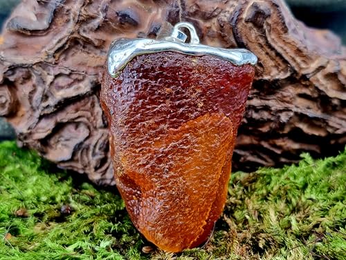 LeoLars-PABE Nordsee Bernstein Design Anhänger aus 925er Silber, unbearbeitet, natürlich, klar, Orange, schöne Oberflächen Struktur, 37mm x 24,8mm, Unikat, Design, Unisex