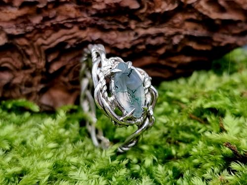 LeoLars-PABE Verspielter Moosachat Design Ring aus 925er Silber, Gr. 57 (18,3),Moosachat mit schönem Innenleben als Navette facettiert, Nr.0103, Unikat, Handarbeit