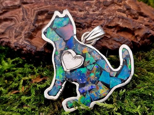 LeoLars-PABE Lightning Ridge Opalsplitter Katzen Anhänger aus 925er Silber, tolles Multicolor Opalfeuer, Opale in Kunststoff eingegossen, Katze, Katzen-Opalliebhaber, Herz, Unikat, Handarbeit, Unisex
