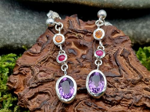 Design Edelstein Ohrhänger baumelnd mit Stecker aus 925er Silber mit Mandarin Granat, Rubin und Amethyst in Zargenfassung, Unikat, Handarbeit