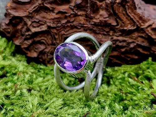 LeoLars-PABE Amethyst Design Ring aus 925er Silber, Gr.60 (19,3), lila oval facettierter Amethyst in Zargenfassung, doppelte Ringschiene, Unikat, Handarbeit