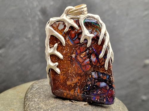 LeoLars-PABE Großer Boulder Opal Design Anhänger aus 925er Silber, Tribal Design, beidseitig, Unisex, Opal mit tollem Muster und partiellem grün-blauem Opalfeuer, Unikat, Handarbeit