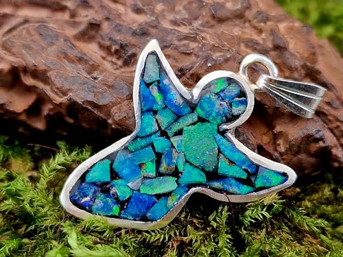 LeoLars-PABE Knallbunter Design Engel Anhänger aus 925er Silber mit Lightning Ridge Opal Splittern, tolles Multicolor Opalfeuer, in Lichtgehärtetem Kunststoff, Unikat, Handarbeit, Unisex