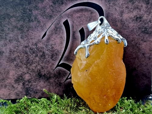 LeoLars-PABE Honiggelber opaker Nordsee Bernstein Design Anhänger aus 925er Silber, natürlich, unbearbeitet, Gitterstruktur Tropfen Design, groß; 52mm x 29,4mm, Unikat, Unisex, Handarbeit