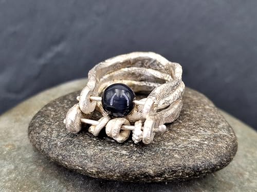 LeoLars-PABE Strandgut Design Ring mit Onyx Perle aus 925er Silber, Gr. 59 (18,7), organisch natürlich, mit beweglichen Strandgut Teilen, Unikat, Handarbeit