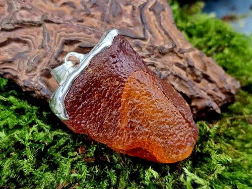 LeoLars-PABE Nordsee Bernstein Design Anhänger aus 925er Silber, unbearbeitet, natürlich, klar, Orange, schöne Oberflächen Struktur, 37mm x 24,8mm, Unikat, Design, Unisex