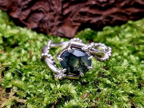 LeoLars-PABE Moosachat Design Ring aus 925er Silber verspielt verschnörkelt, schönes Innenleben, facettiert, oval, Gr. 60 (19,3), Unikat, Handarbeit, Nr. 0104