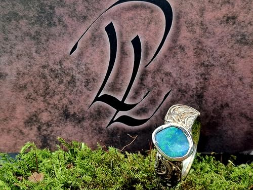 LeoLars-PABE Lightning Ridge Opal Design Ring, Gr. 56 (18), aus 925er Silber, Rustikal, verspielt, Opalfeuer in grün und blau, Unikat, Handarbeit