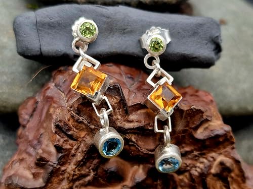 Design Ohrhänger baumelnd mit Stecker aus 925er Silber mit Peridot, Citrin und Blautopas in Zargenfassung, Unikat, Handarbeit