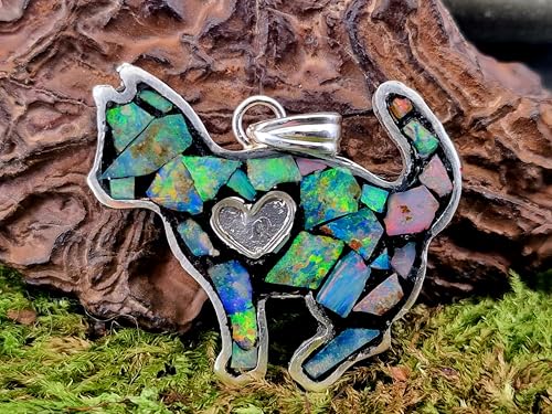LeoLars-PABE Multicolor Opalsplitter (Lightning Ridge), Katzen Design Anhänger aus 925er Silber, Opale in Kunststoff eingegossen, Katze, Katzen und Opalliebhaber, bunt, Handarbeit, Unikat, Unisex