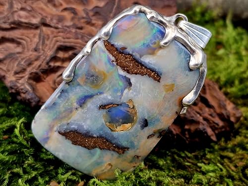 LeoLars-PABE Boulder Opal Anhänger im Tropfen Design aus 925er Silber, Picture Stone, tolles Muster, partielles mehrfarbiges Opalfeuer, Unikat, Handarbeit, Unisex