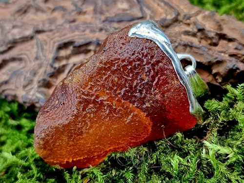LeoLars-PABE Nordsee Bernstein Design Anhänger aus 925er Silber, unbearbeitet, natürlich, klar, Orange, schöne Oberflächen Struktur, 37mm x 24,8mm, Unikat, Design, Unisex