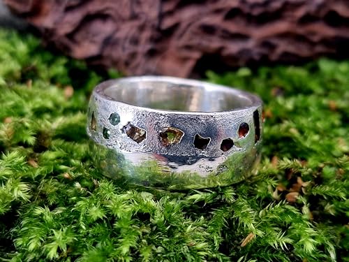 LeoLars-PABE Design Sandguss Chaos Ring, Gr.60 (19,2), aus 925er Silber mit echten eingegossenen Edelsteinen, Unikat, Handarbeit, Nr. 156