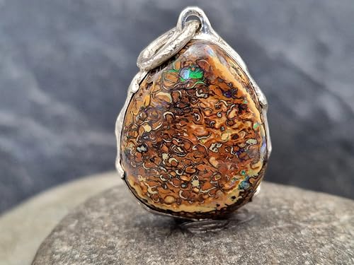 LeoLars-PABE Design Anhänger mit Boulder Opal aus 925er Silber mit herrlichem Muster und grünem Opalfeuer, Opal 25mm x 20mm, Unikat, Handarbeit