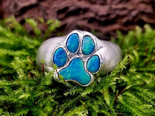LeoLars-PABE Herrlicher Lightning Ridge Opal Pfötchen Ring aus 925er Silber, Gr.56 (18), brilliantes grün-blaues Opalfeuer, Pfote, Hund, Unikat, Handarbeit